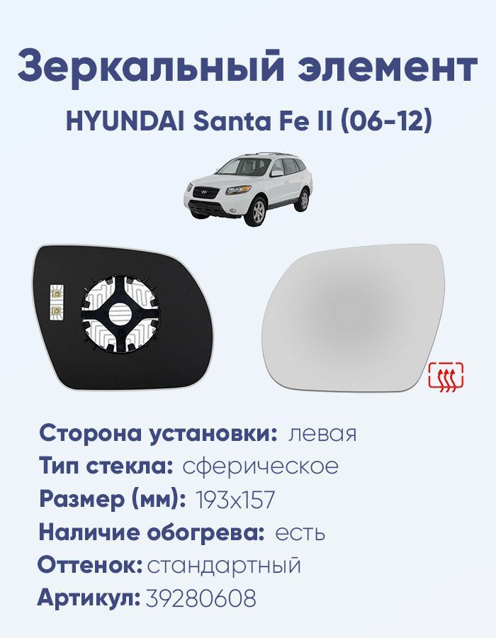 Зеркальный элемент левый HYUNDAI Santa Fe II (06-12) сфера нейтральный с обогревом  #1