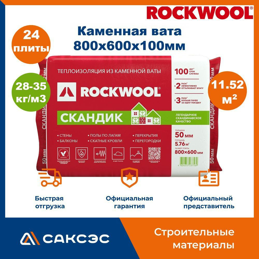 Каменная вата утеплитель Роквул Лайт Баттс Скандик 800х600х100мм, 24 плиты, 11.52 м2 / Утеплитель Rockwool #1