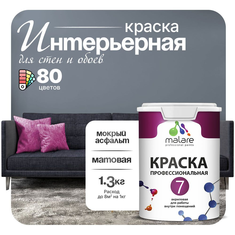 Краска Malare Professional Euro №7 интерьерная для стен и обоев, для потолка, акриловая, быстросохнущая, #1