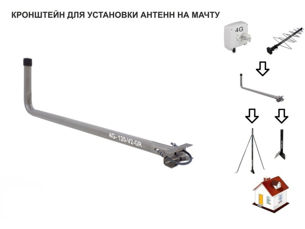 Кронштейн антенный СЕРЫЙ; вылет 0,12м, диаметр 22мм, на трубу до 54мм, с хомутом  #1