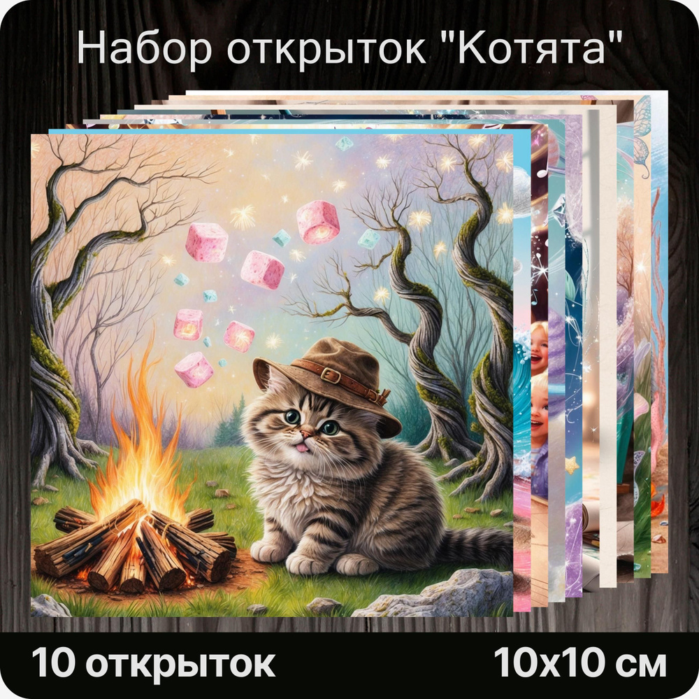 Авторские открытки "Котята", 10 штук. Милые, праздничные, на подарок, сюрприз, к букету.  #1