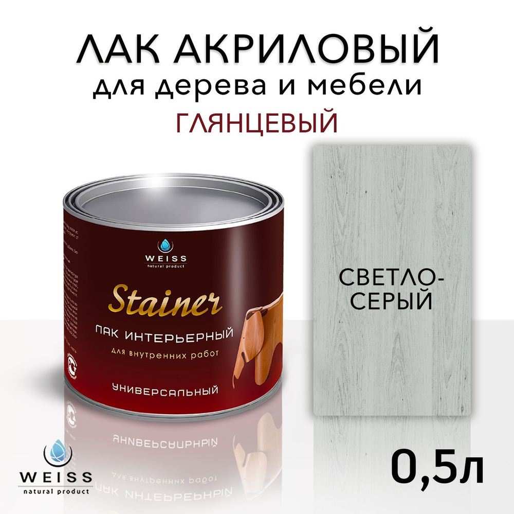 Лак для дерева акриловый светло-серый, глянцевый, Weiss natural product, без запаха, самовыравнивающийся, #1