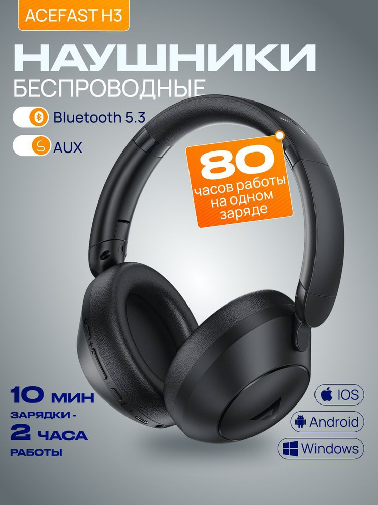 Беспроводные наушники ACEFAST H3 80 часов музыки, с активным шумоподавлением, черный NEW 2024  #1