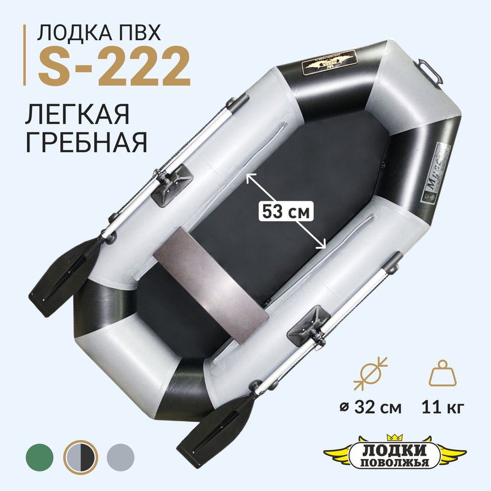 Лодка ПВХ надувная для рыбалки Лодки Поволжья S-222 серия Муссон серо-черная  #1