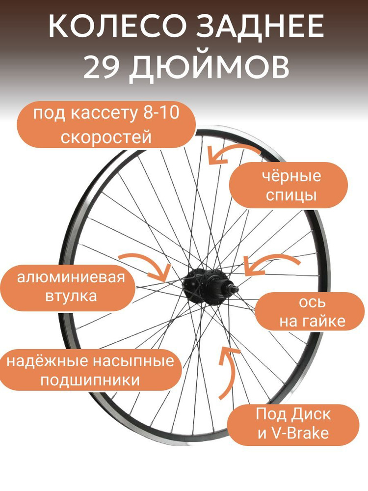 Колесо заднее велосипедное 29 под ДИСК, под кассету 8-10 скоростей, на гайке, двойной алюминиевый чёрный #1