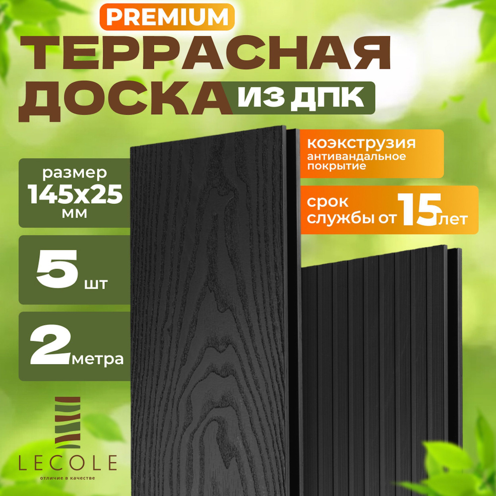 Террасная доска LECOLE из ДПК 145х25 мм, длина 2 метра, комплект 5 шт., цвет антрацит (коэкструзия)  #1