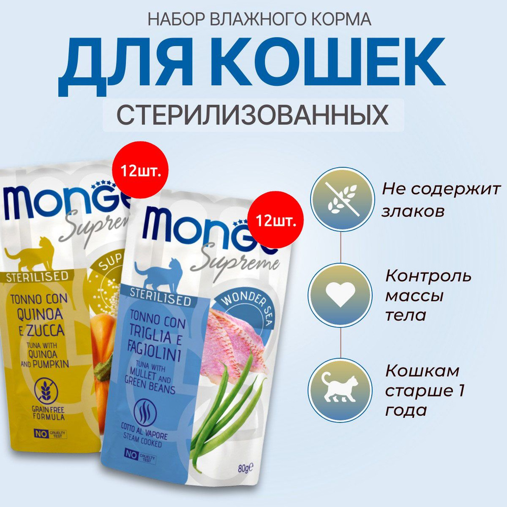 Набор влажного корма Monge Supreme sterilized cat: 960 г (12 шт по 80 г) + 960 г (12 шт по 80 г). Для #1