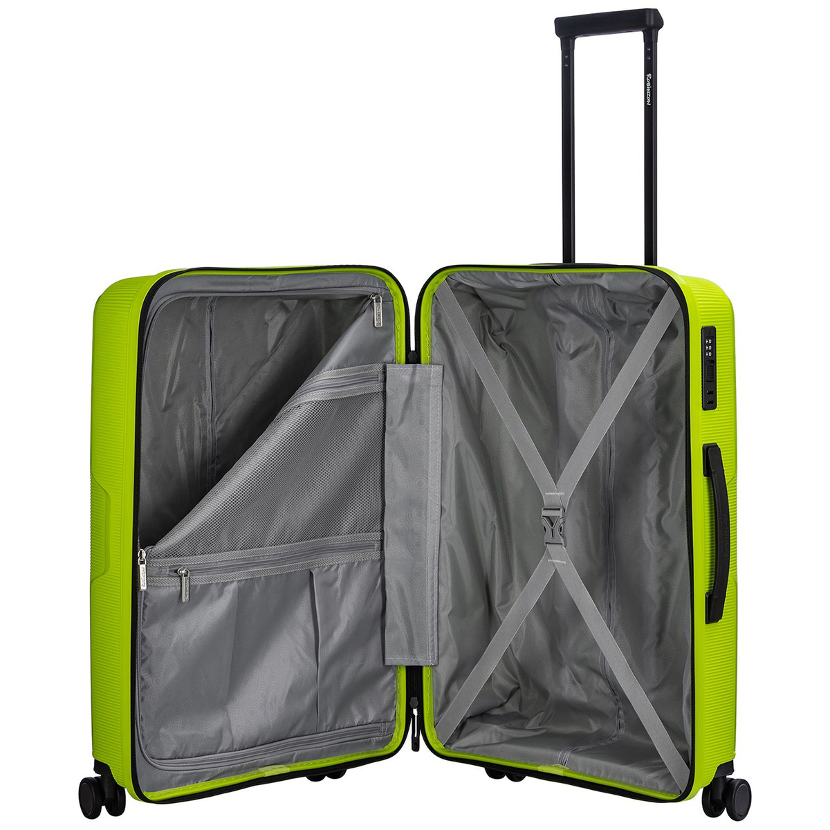 Внутри чемодана разделитель на молнии, в котором два дополнительных кармана и просторное отделение с багажными ремнями для ещё более удобной организации.