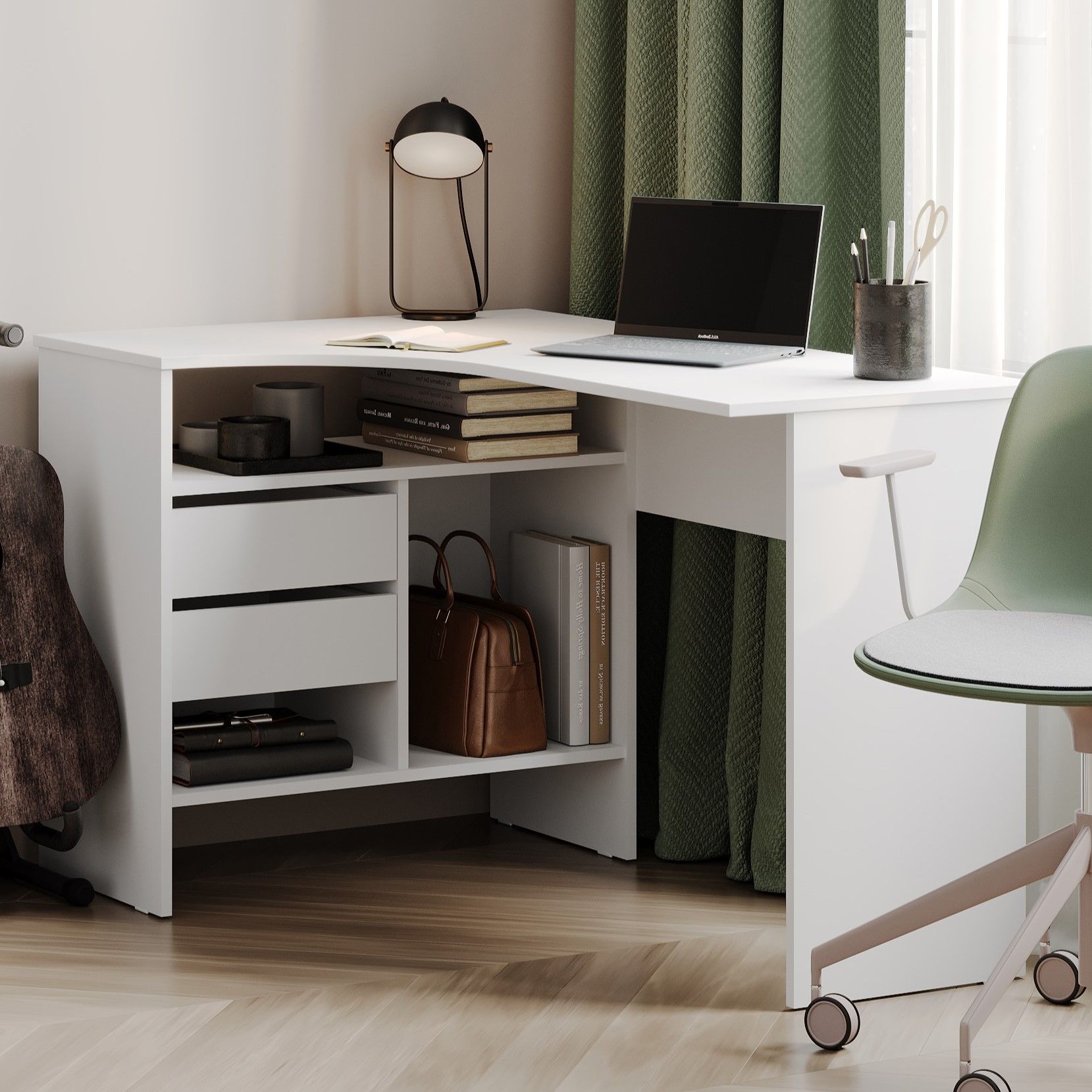 Столписьменныйугловойсящикамииполками120х81х74смбелый