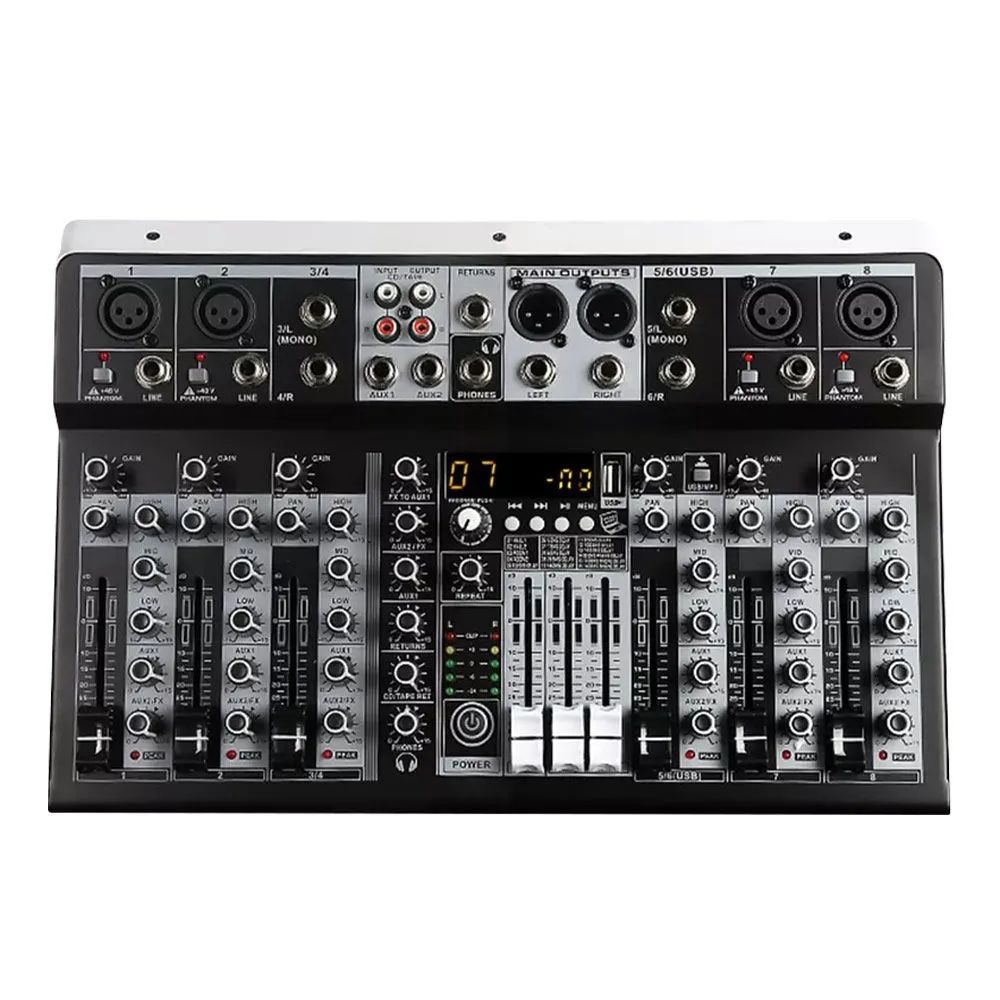 KP8Аудиомикшер8-канальныймикшерныйпультBluetoothЗвуковаяплатаUSBРеверберациядляПКStageStudioDJSoundController