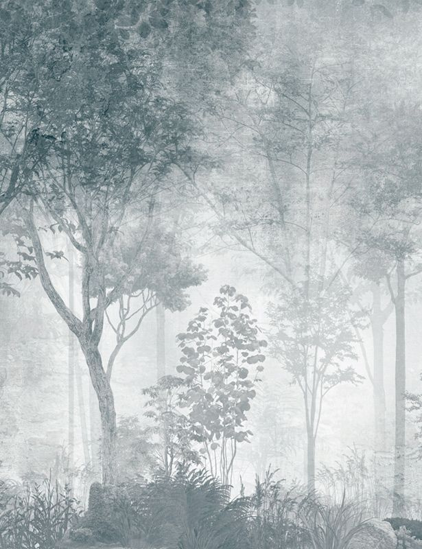 Фотообои флизелиновые на стену 3д GrandPik 10319 Лофт "Лес, деревья в тумане, винтаж, синий" (ШхВ), 200х260 #1