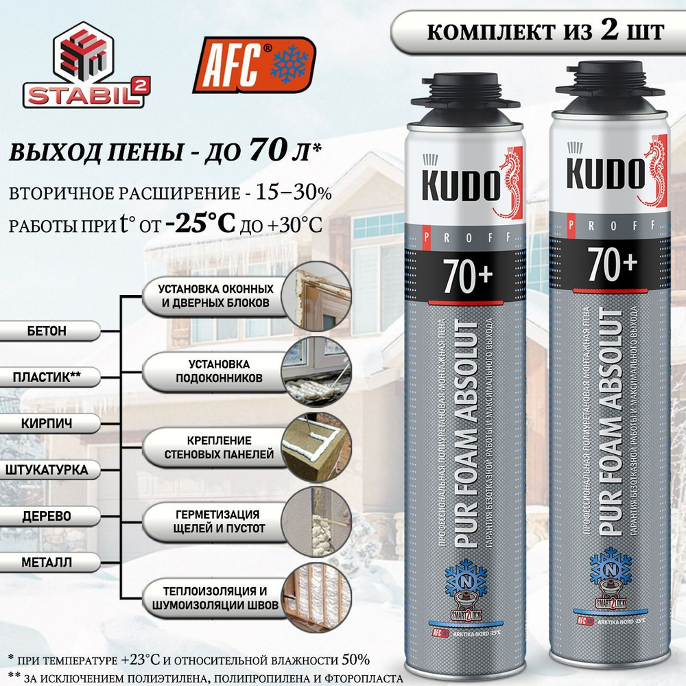 Пена полиуретановая монтажная KUDO "PUR FOAM ABSOLUT 70+ ARKTIKA", профессиональная, под пистолет, морозостойкая #1