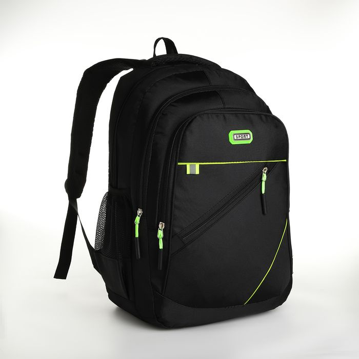 Рюкзак молодёжный из текстиля на молнии, 5 карманов, цвет чёрный/зелёный (1 полоска)  #1