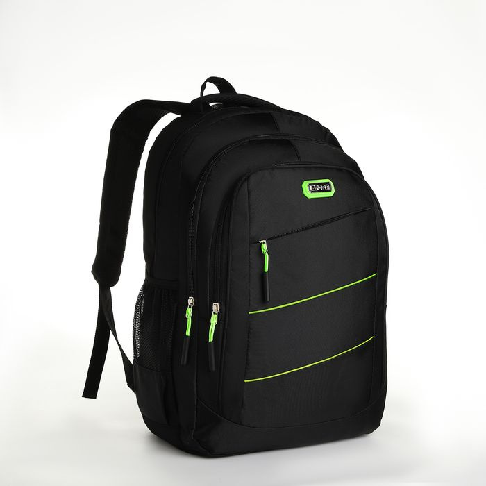 Рюкзак молодёжный из текстиля на молнии, 5 карманов, цвет чёрный/зелёный (2 полоски)  #1