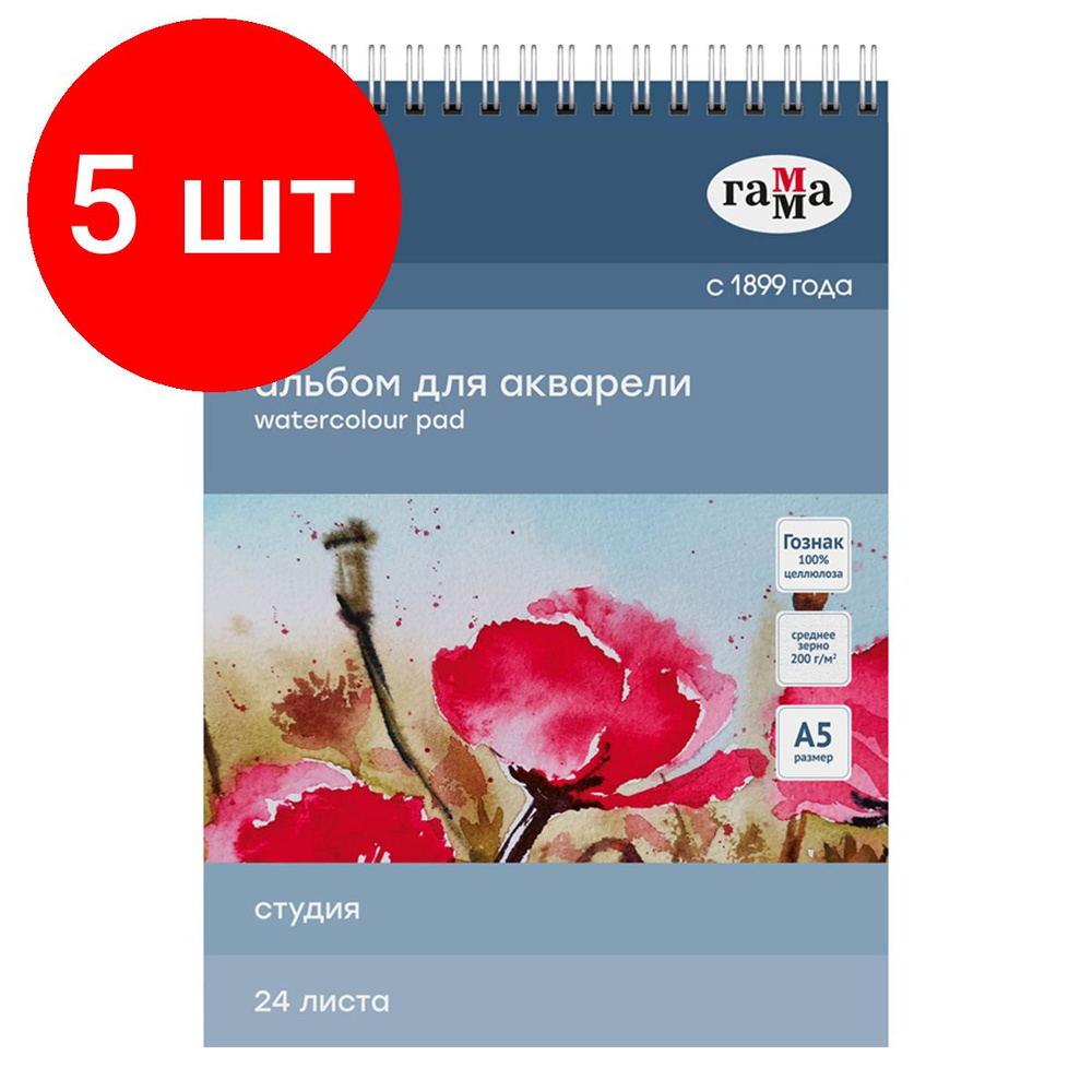 Альбом для акварели 24л., комплект 5 штук, А5, на спирали Гамма "Студия", 200г/м2, среднее зерно  #1