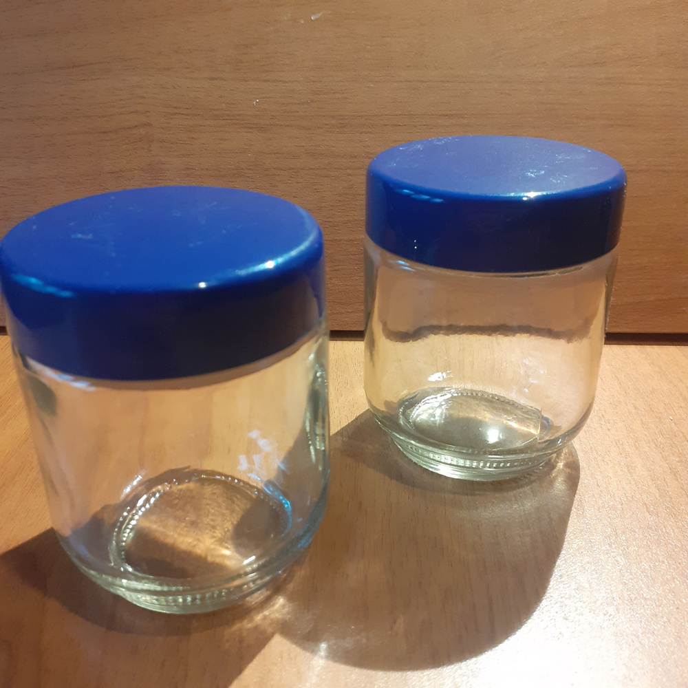 Две баночки для йогуртницы с завинчивающей синей крышкой и толстым дном, стекло  #1