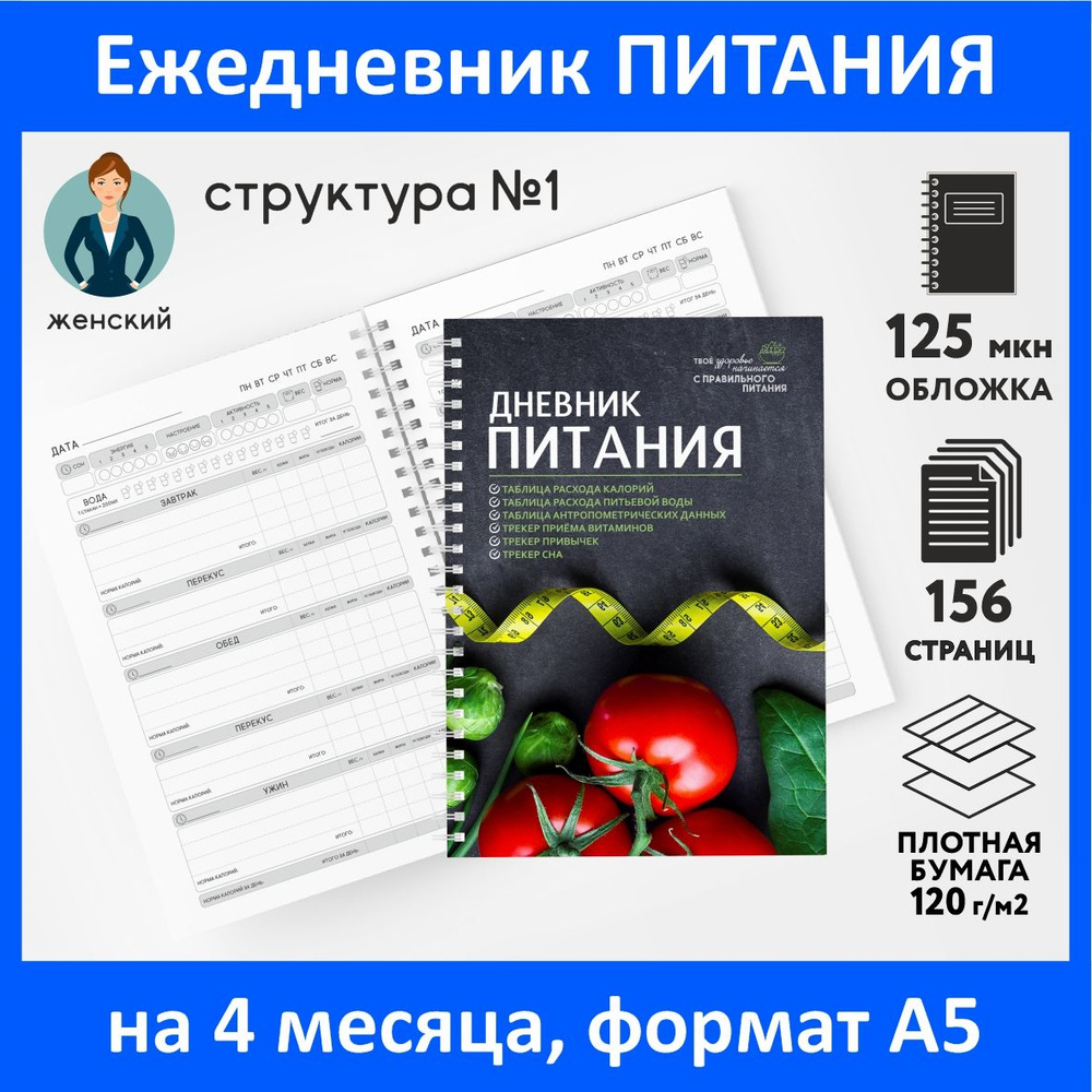 Дневник-планер (ежедневник) питания для похудения А5, на 4 месяца, 156 страниц, контроль-счётчик калорий, #1