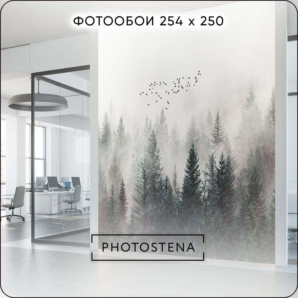 Фотообои на стену флизелиновые встык PHOTOSTENA Туманный лес 2,54 x 2,5 м 6,35 м2, обои для кухни моющиеся #1