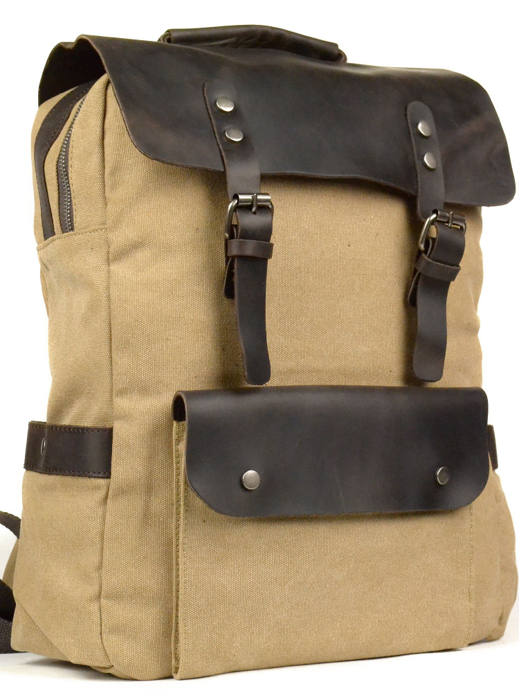 Мужской рюкзак тканевый из натуральной кожи и парусины, песочный, 40x30x11см  #1