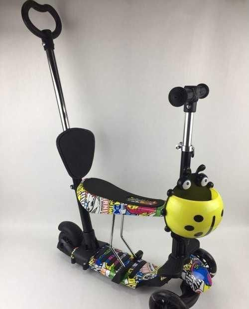Самокат-трансформер для малышей "Scooter" 5в1 со светящимися колесами ПРИНТ (желтый) 2024  #1