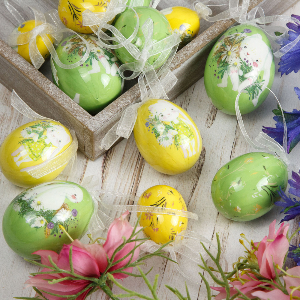 Пасхальные украшения Яйца с лентами - Happy Easter 4-6 см, 12 шт, подвеска  #1