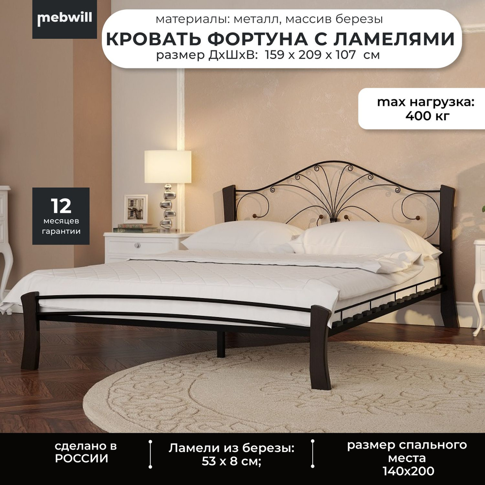 Металлическая двуспальная кровать Фортуна 4 Лайт Черный-шоколад 140х200 с ламелями  #1