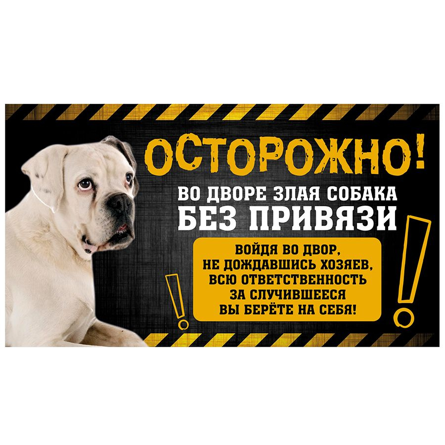 Табличка, с юмором, DANGER DOG, Осторожно! Во дворе собака без привязи, Боксёр, 25x14 см  #1