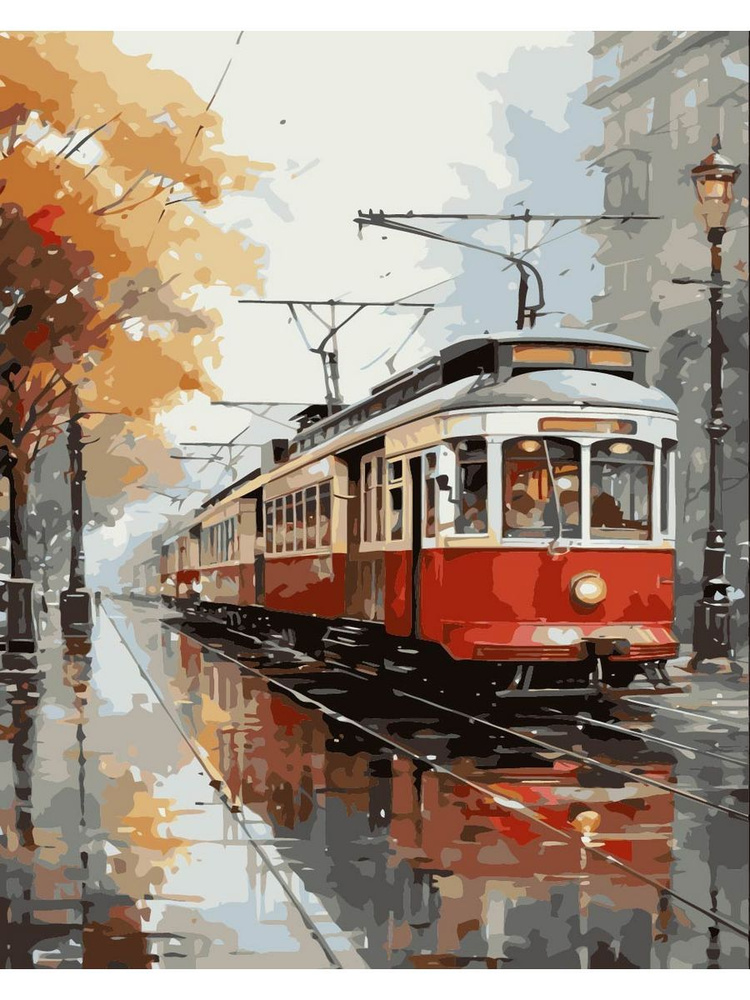 Картина по номерам трамвай на холсте с деревянным подрамником размер 40х50, акриловые краски, кисточки, #1