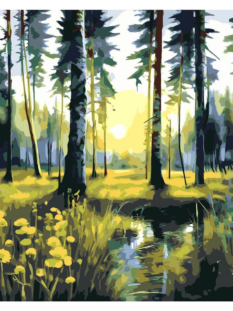 Картина по номерам утро в лесу на ручье на холсте с деревянным подрамником размер 40х50, акриловые краски, #1