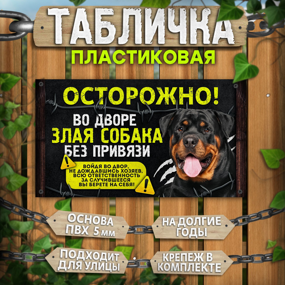 Табличка, на забор, DANGER DOG, Осторожно! Во дворе собака без привязи, Ротвейлер, 25x14 см  #1