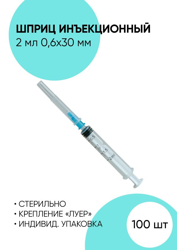 Шприц медицинский для инъекций, шприц инъекционный 2 мл. 0.6x25 100 штук  #1