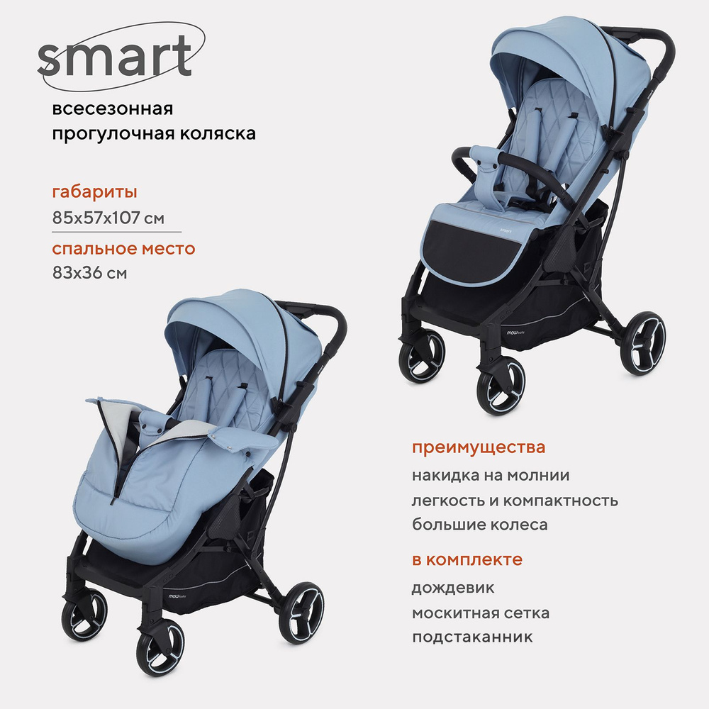 Коляска MowBaby Smart прогулочная детская всесезонная с большими колесами, Blue 2023  #1
