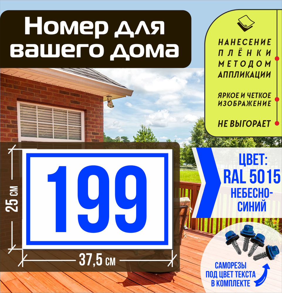 Адресная табличка на дом с номером 199 RAL 5015 синяя #1