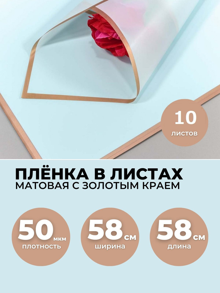 Пленка для цветов и подарков, в листах 58х58см, 10шт. 50мкм. Матовая с золотым краем.  #1