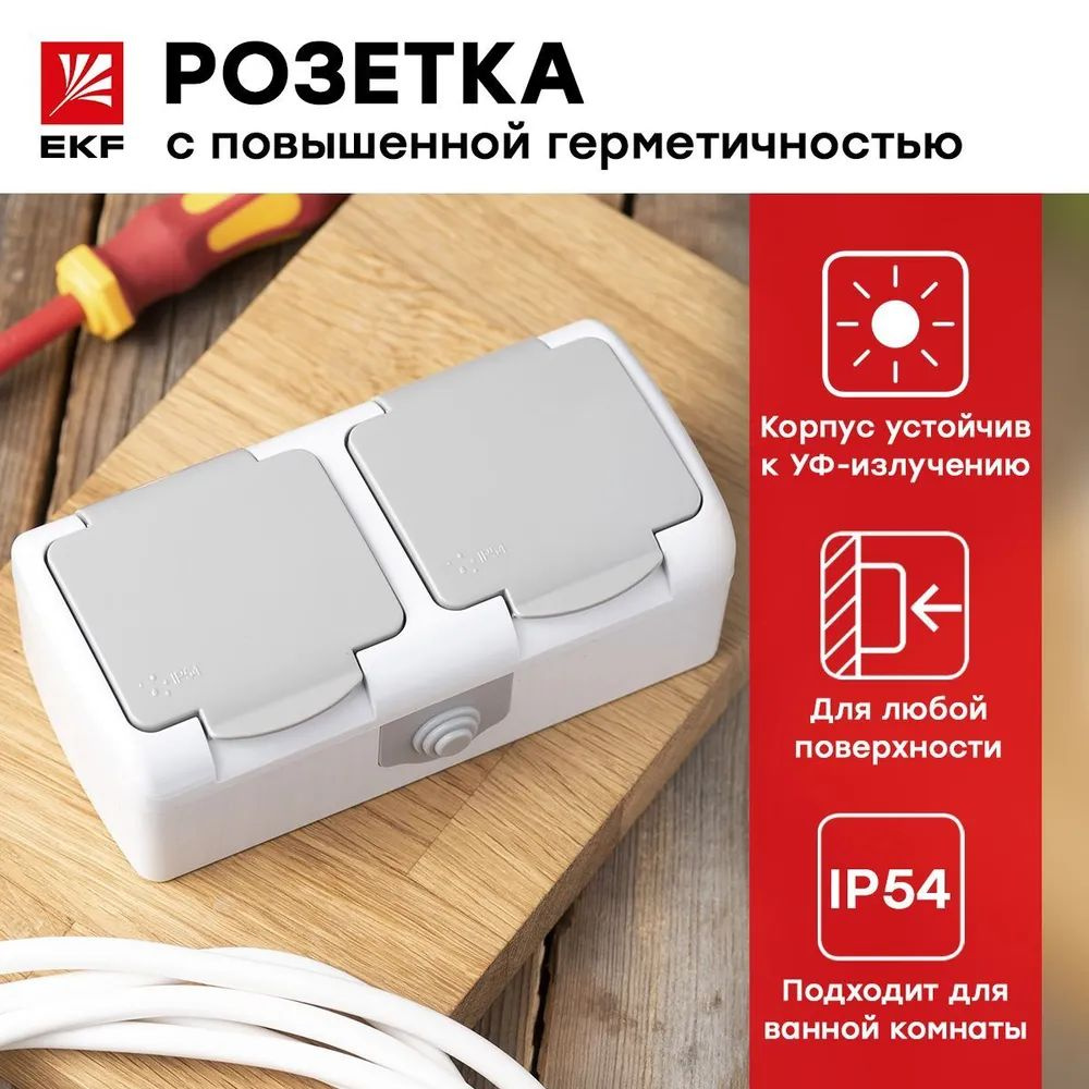 Розетка 2гн с З/К с крыш. шторки о/у серый 16А IP54 Мурманск EKF  #1