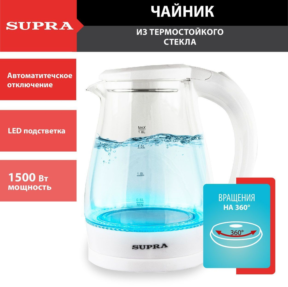 Чайник электрический Supra KES-1856G 1.8л. 1500Вт белый/прозрачный корпус: стекло/пластик  #1