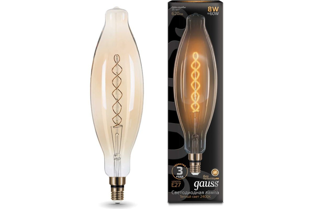Лампа Gauss Filament BT120 8W 620lm 2400К Е27golden flexible LED 1/10 #1