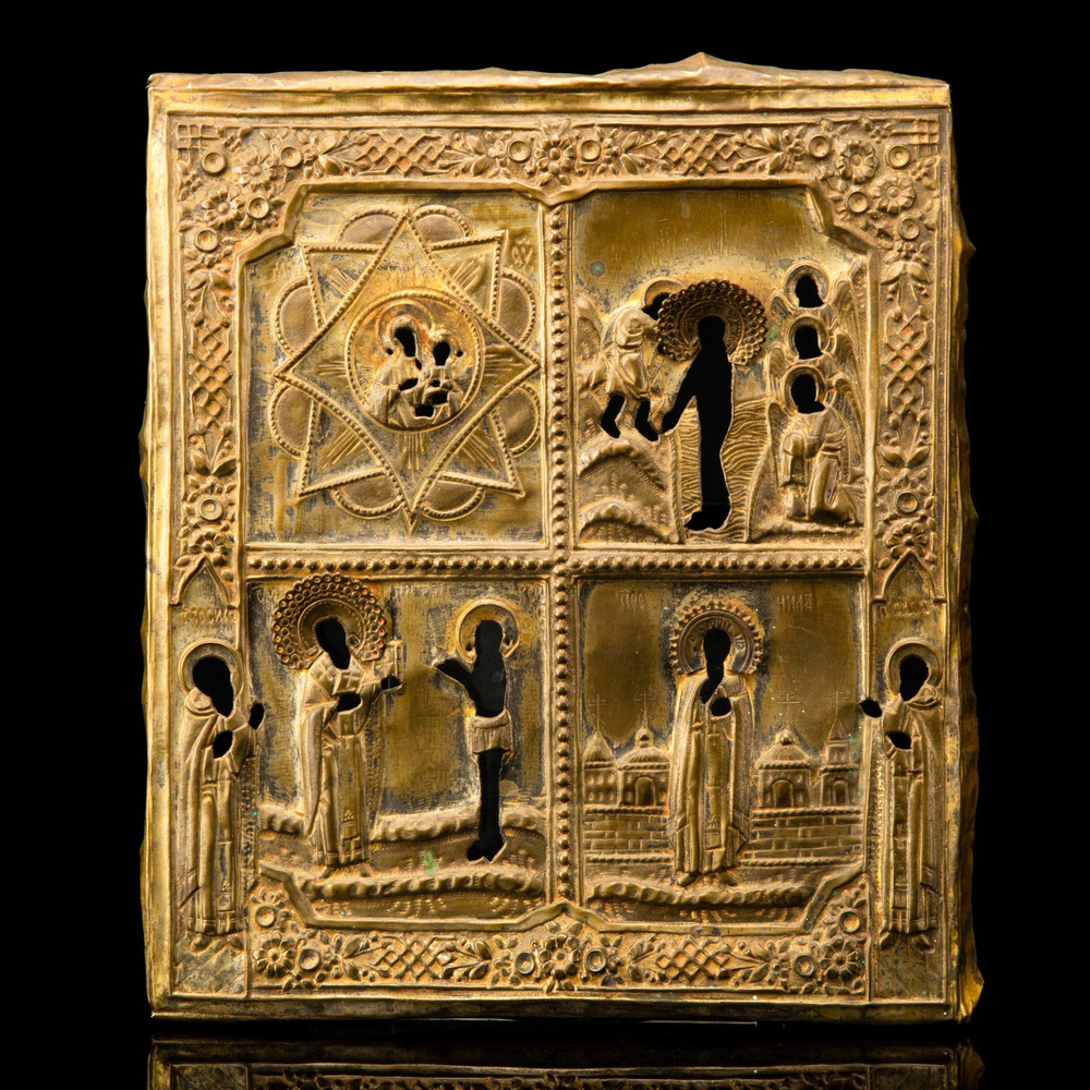 Оклад от четырёхчастной иконы с изображением сюжетов Неопалимая Купина, Крещение Господне и избранных #1