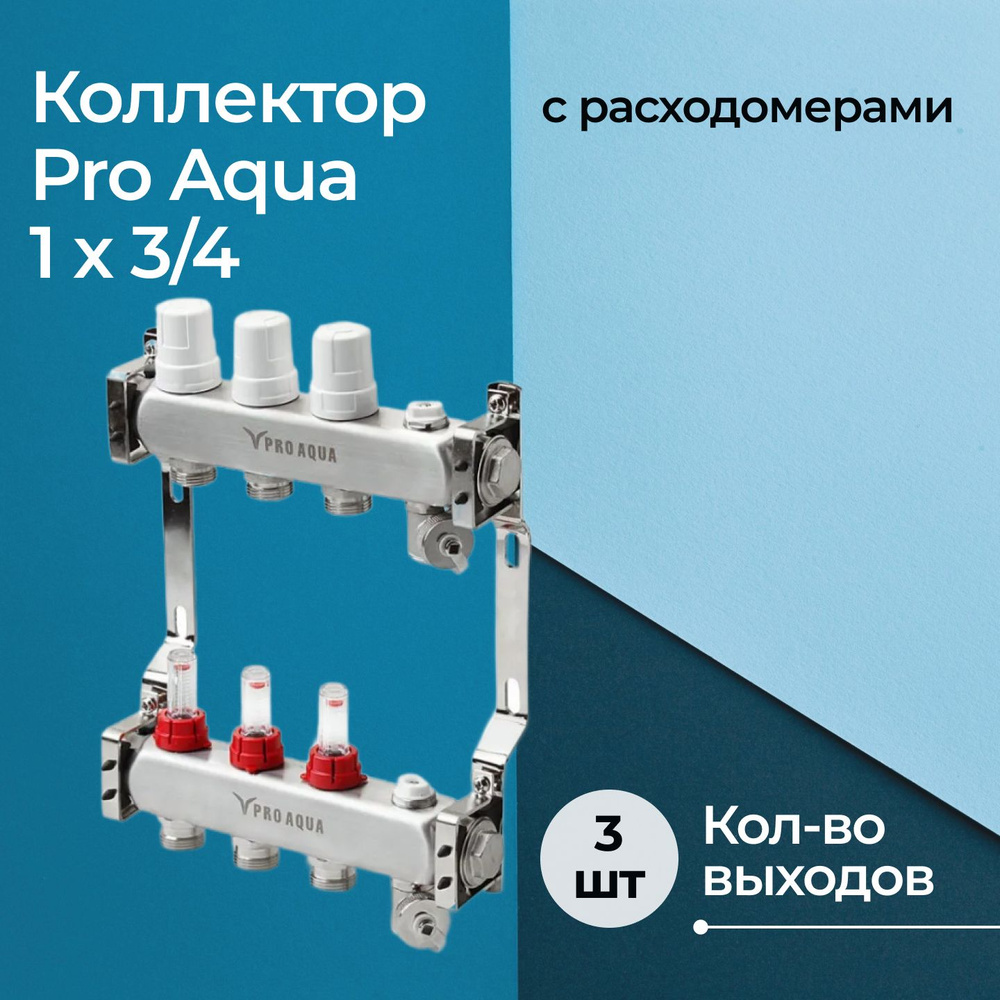 Коллекторная группа с расходомерами Pro Aqua 3 выхода, 230 мм, 1" x 3/4"  #1