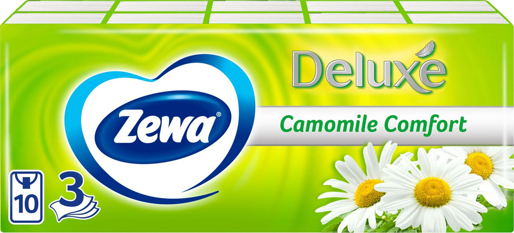 Zewa / Зева Бумажные платочки носовые Deluxe Camomile Comfort трехслойные 10 упаковок по 10шт. / платки #1