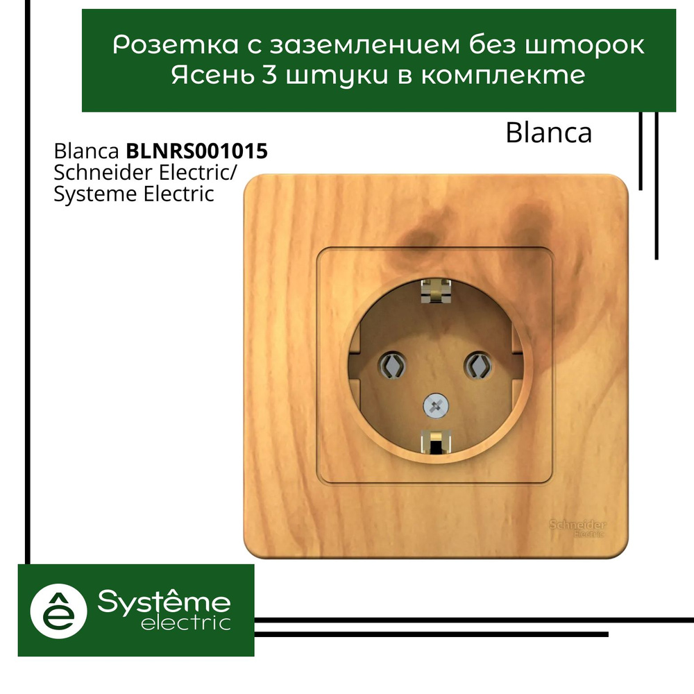 Розетка с заземлением без шторок Systeme Electric Blanca Ясень BLNRS001015 3шт  #1