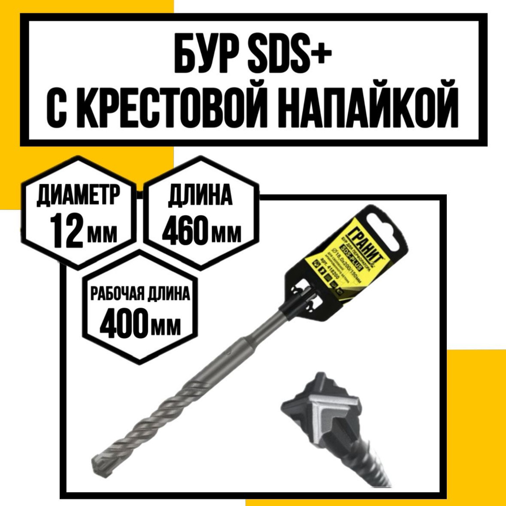 Бур по армир. бетону с крест. напайкой SDS-Plus ГРАНИТ 12х460/400  #1