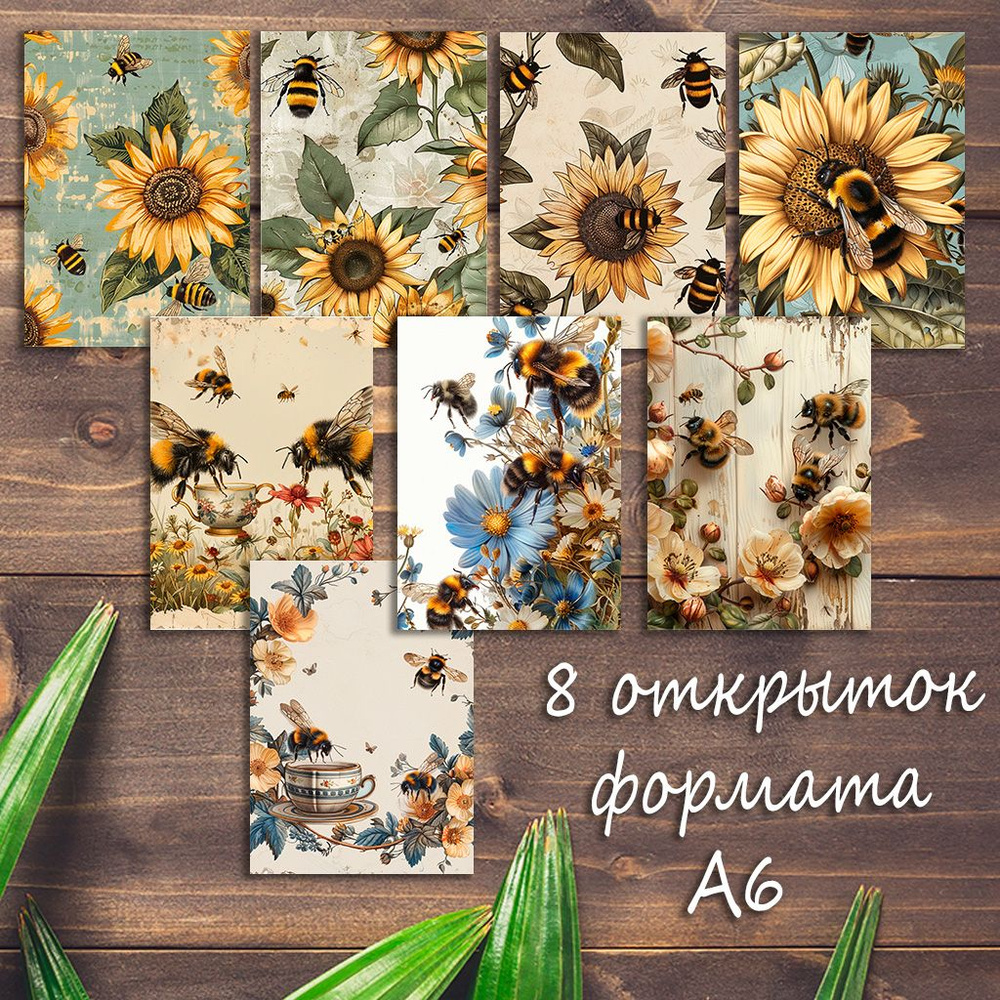 Большой набор открыток Пчёлы и подсолнухи, 8 штук #1