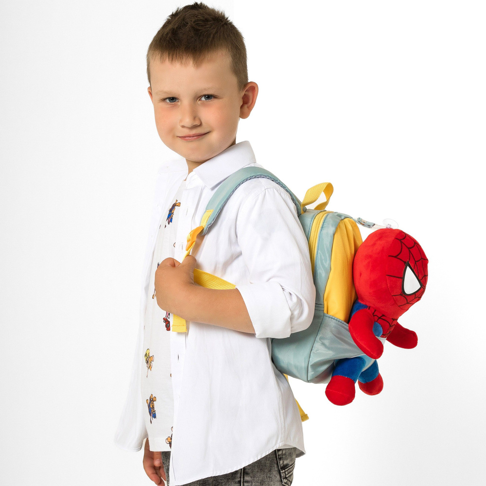 Рюкзак детский для мальчиков со съемной игрушкой Человек-паук Marvel мятный с желтым  #1