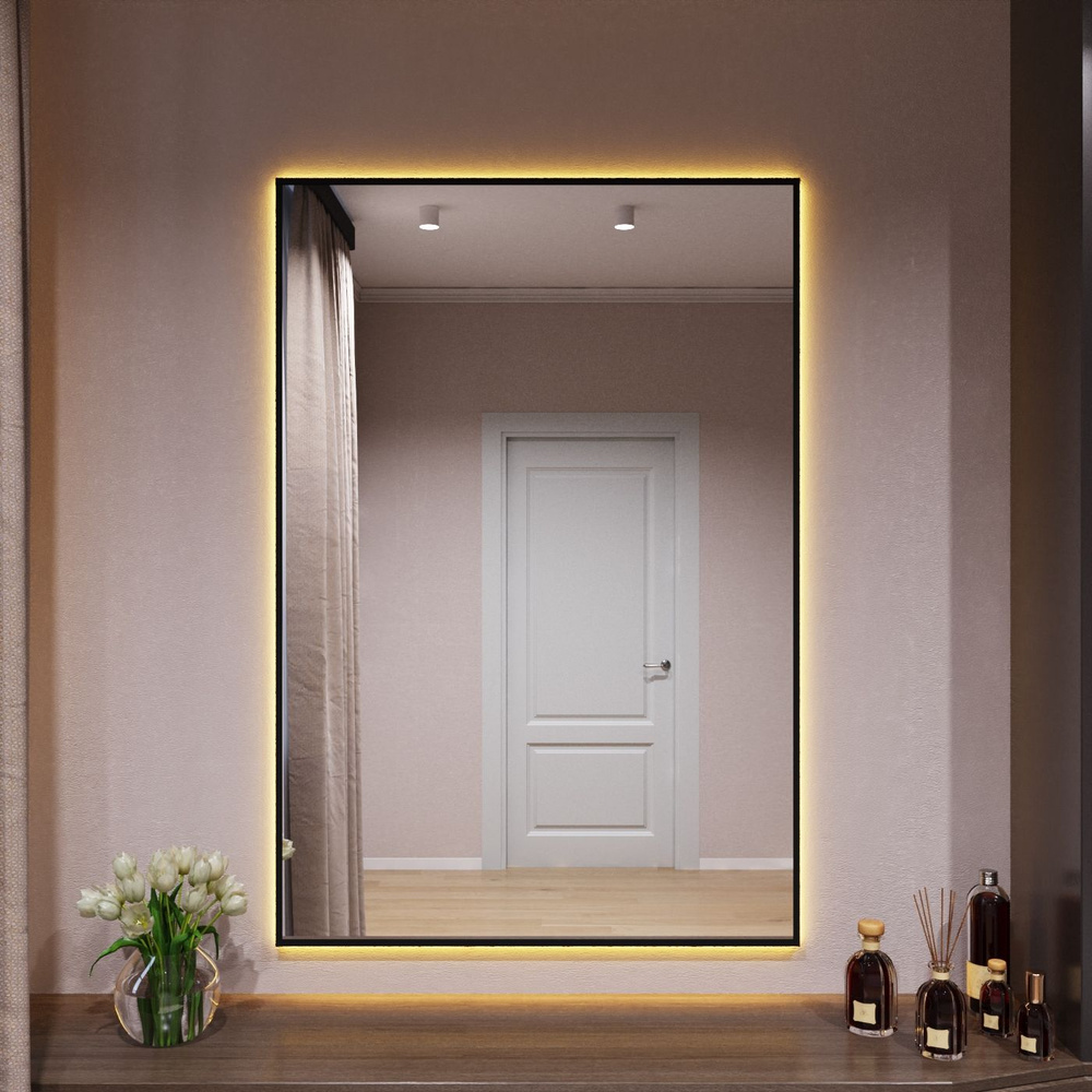 Зеркало с подсветкой в алюминиевой раме настенное Market.House 120х90 см. Свет: Теплый белый 3000К. Черное #1