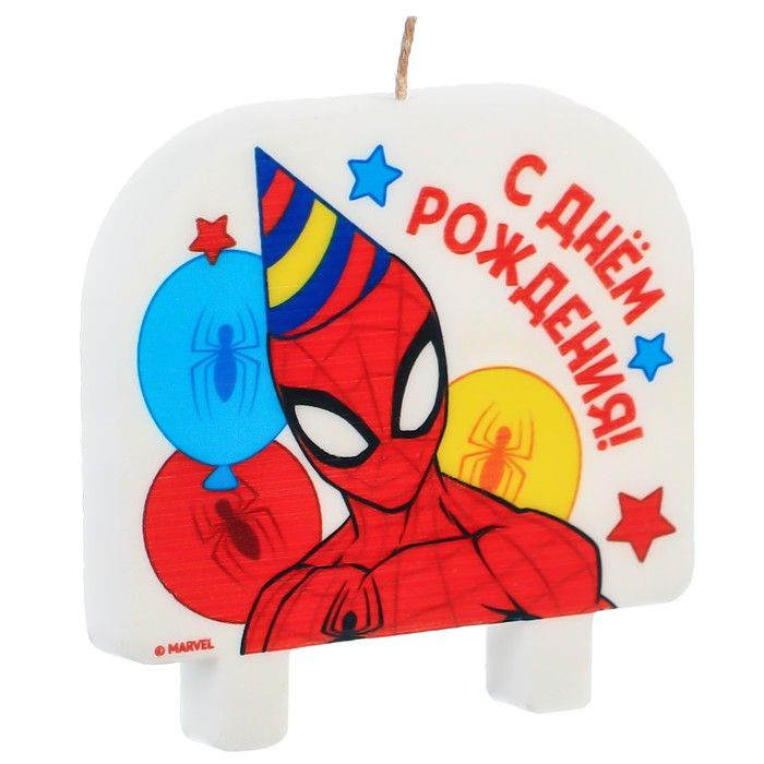 Свеча для торта Marvel "С Днем Рождения!" 8х8 см, Человек-паук в колпачке  #1