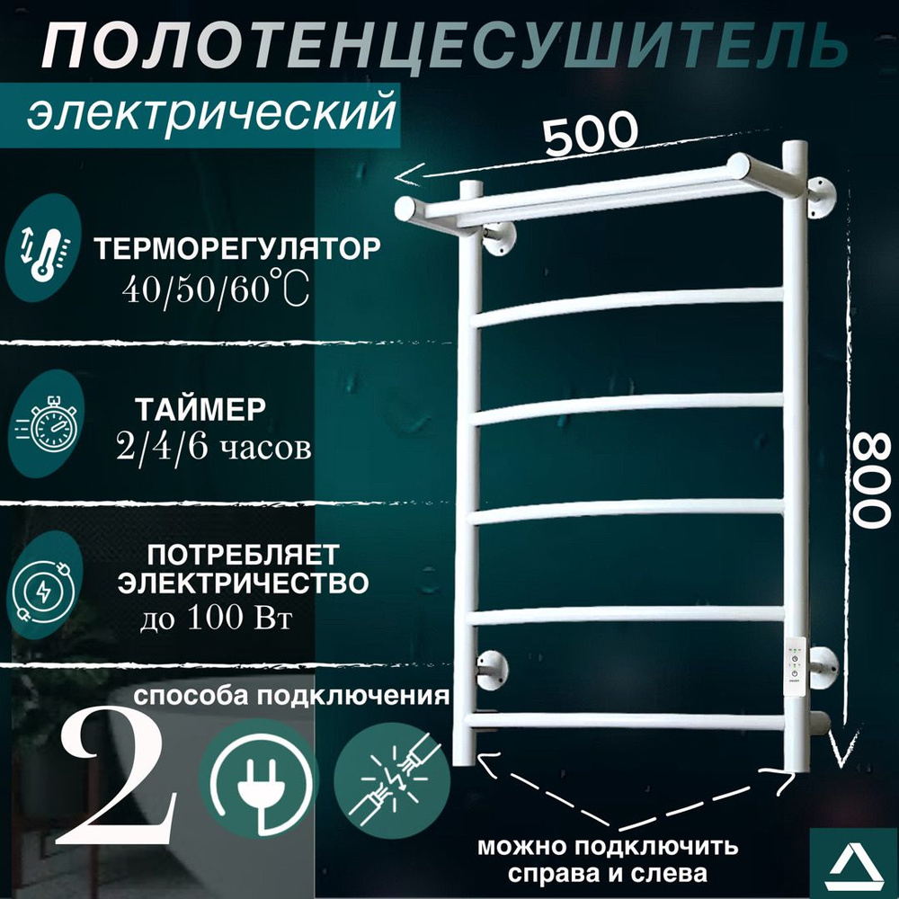 Полотенцесушитель электрический TermoPrime 500мм 800мм белый матовый, скрытое подключение: слева/справа/вилкой #1