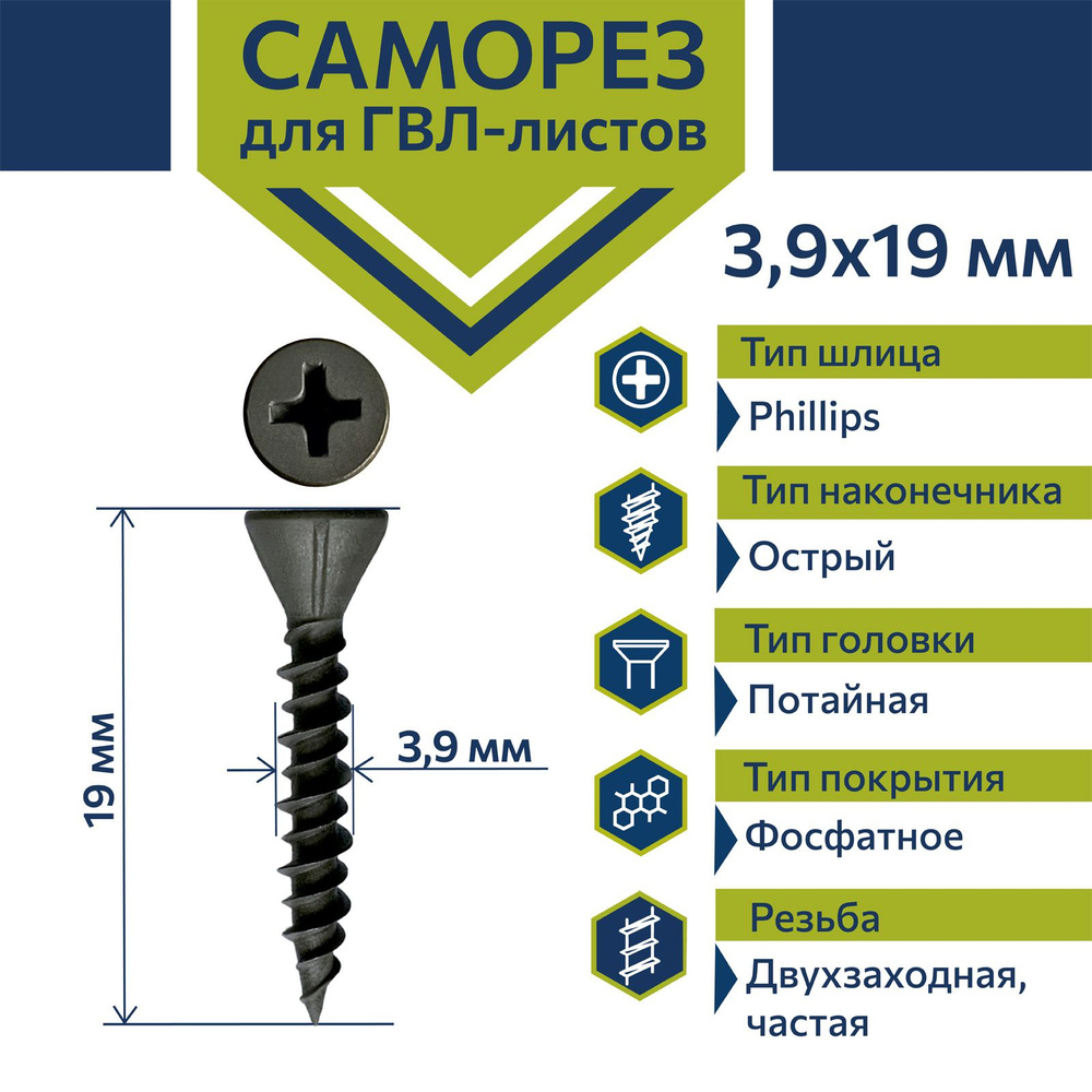 Саморез Rizzel 3,9х19 ГВЛ по дереву и металлу фосфатированный (1000 шт)  #1