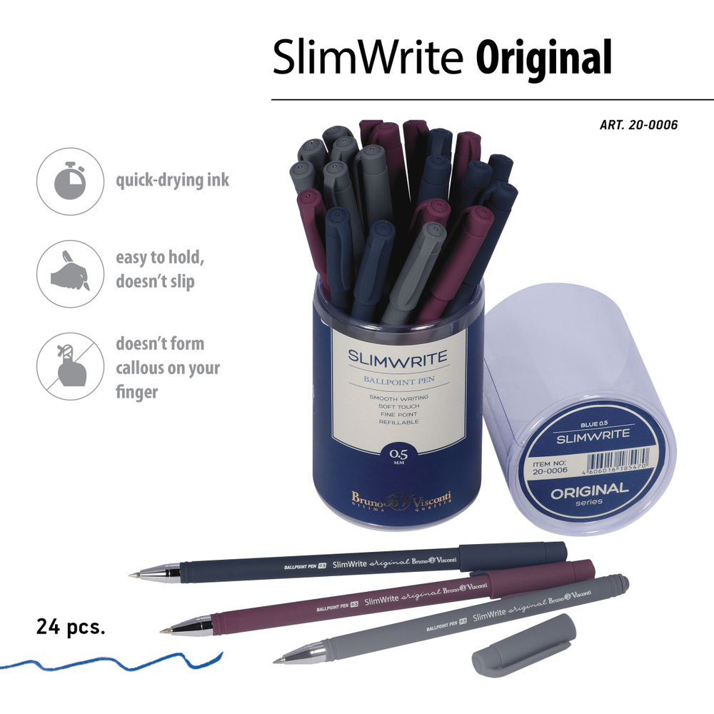 Набор шариковых синих ручек Bruno Visconti "SlimWrite.ORIGINAL" 0.5 мм, 24 шт., 3 цвета корпуса / ручка #1