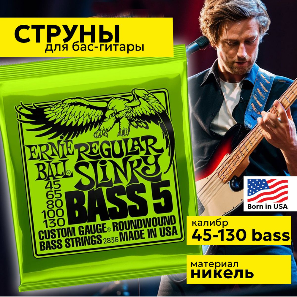 Струны Ernie Ball Regular Slinky Bass5 45-130 2836 для бас-гитары #1